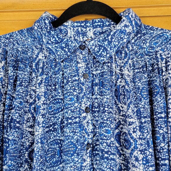 Free People Blue White Aztec Print Split Side Button Down Blouse - S - Picture 6 of 8